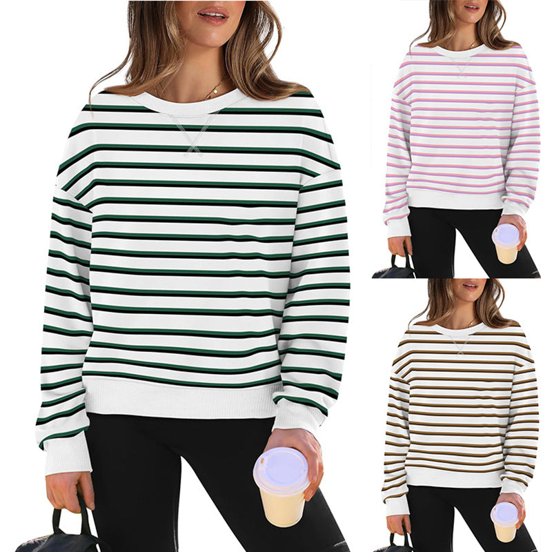 Damen lässiger Sweatshirt mit modernem Streifenmuster und Rundhalsausschnitt R&B