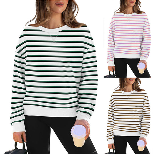 Damen lässiger Sweatshirt mit modernem Streifenmuster und Rundhalsausschnitt R&B
