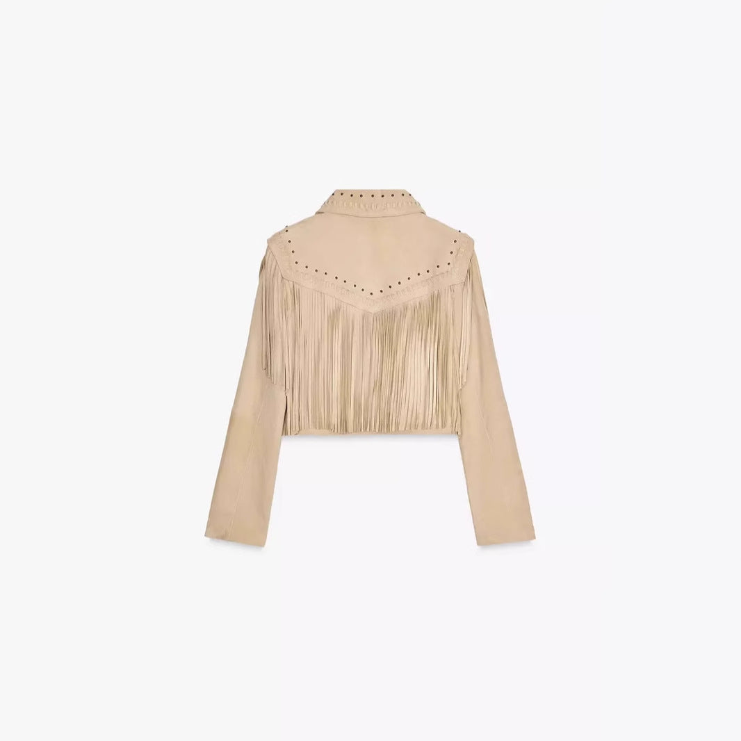 Damen modische Fransenjacke mit steinverziertem Kragen R&B