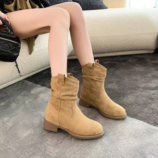 Damen Modische Stiefeletten mit lässigem Falten-Design und bequemem Blockabsatz R&B
