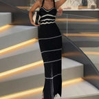 Damen Strick-Maxikleid mit raffinierten Häkelmustern und seitlichem Schlitz R&B
