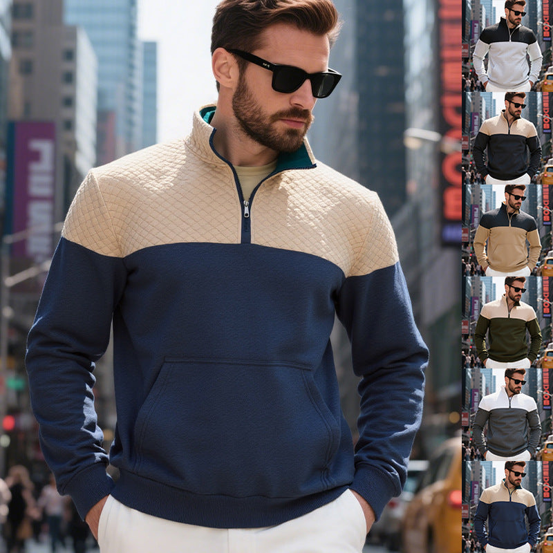 Herren nan gesteppter Halbzip Sweater mit Kängurutasche und Stehkragen R&B