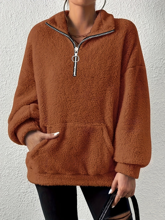Damen kuscheliger Fleece-Pullover mit halbem Reißverschluss und Seitentaschen R&B