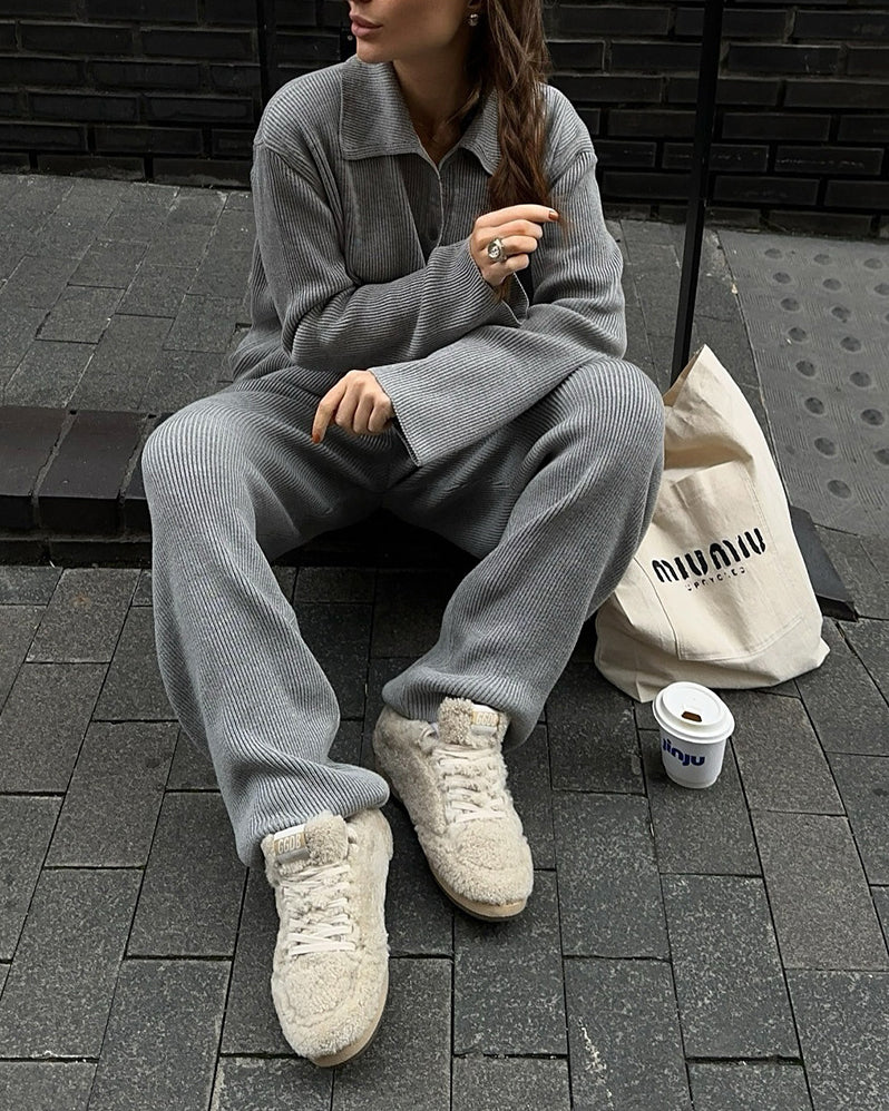R&B | Einreihige Gerippte Strickjacke und Lockere Hosen Satz