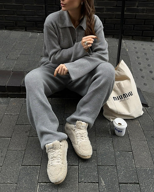 R&B | Einreihige Gerippte Strickjacke und Lockere Hosen Satz