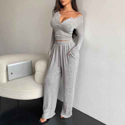 Damen Set aus lässigem Langarmoberteil und bequemen Palazzohose R&B