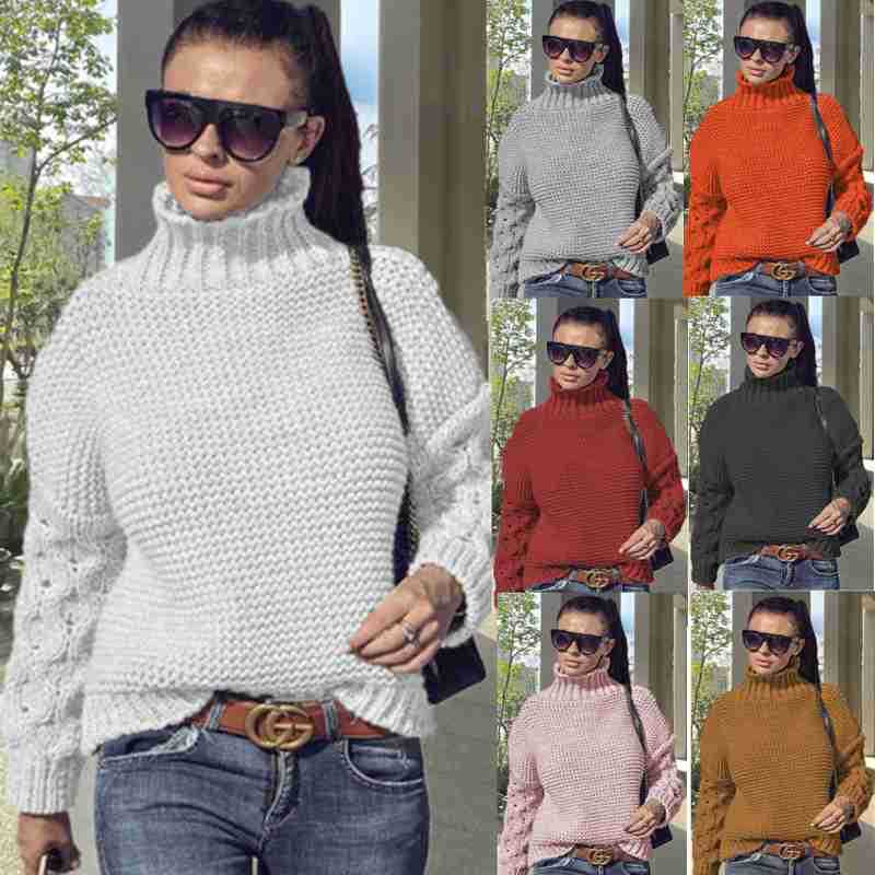 Damen Grobstrickpullover mit hohem Kragen und strukturiertem Armdesign R&B