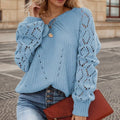 Damen Strickpullover mit romantischem Lochmuster und voluminösen Ärmeln