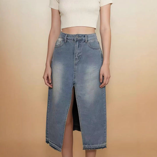 Damen Midi-Denim-Rock mit hohem Schlitz und fransigem Saum R&B