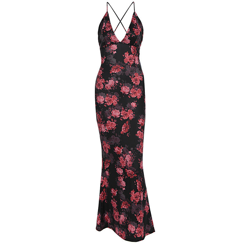 Damen Elegantes Maxikleid mit tiefem V-Ausschnitt und Spaghettiträgern R&B