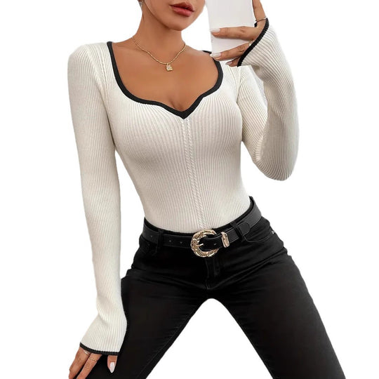 Damen Langarm Body mit V-Ausschnitt und feinen Rippdetails R&B