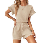 Damen Kurzarm-Overall mit Rüschendetails und Bindegürtel R&B