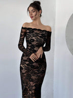 Damen Elegantes Spitzenkleid mit off-shoulder Design und langen Ärmeln R&B