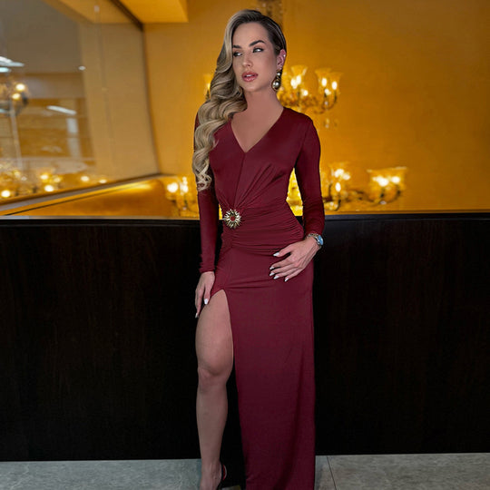 Damen elegantes langärmliges Abendkleid mit Raffung und hohem Schlitz R&B