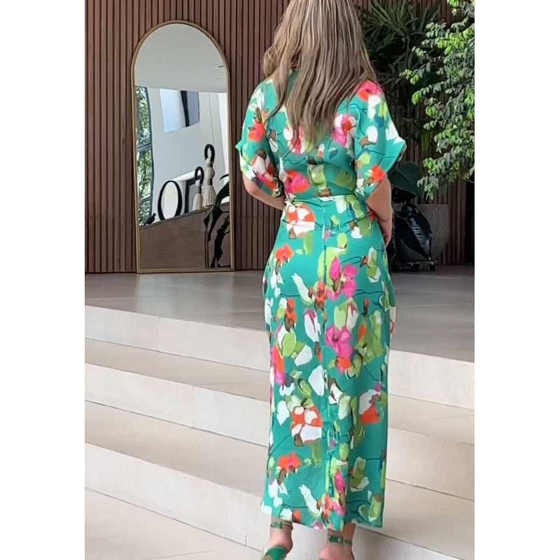 Damen luftiger Kaftan mit floralem Design und dekorativem Knoten R&B