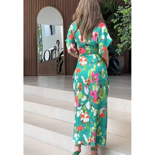 Damen luftiger Kaftan mit floralem Design und dekorativem Knoten R&B