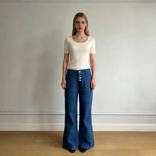 Damen Bootcut-Jeans mit hohem Bund und knöpfbarem Verschluss R&B