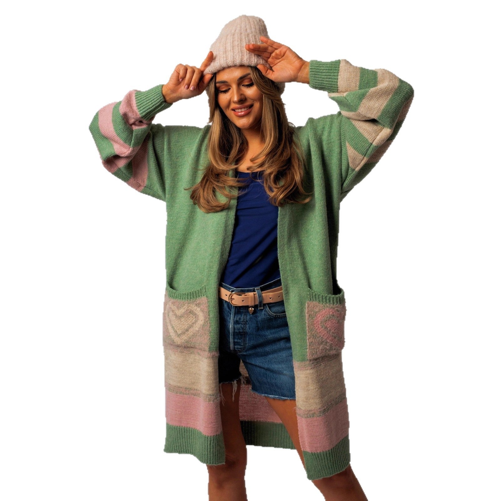 Damen Langärmliger Strickcardigan mit herzförmigen Taschen und modernem Farbblocking R&B