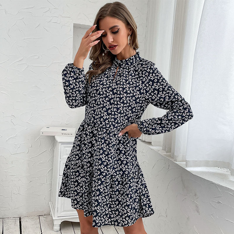 Damen Blümchen-Midikleid mit schickem Standkragen und asymmetrischem Schnitt R&B