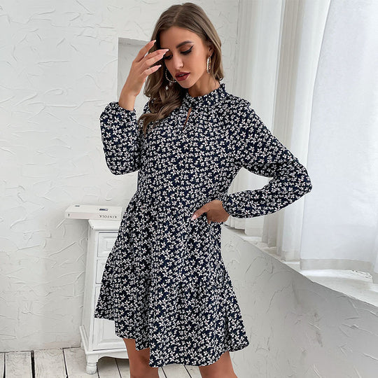 Damen Blümchen-Midikleid mit schickem Standkragen und asymmetrischem Schnitt R&B