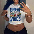 Damen Crop-T-Shirt mit kreativem Nostalgie-Druck und lässigem Schnitt R&B