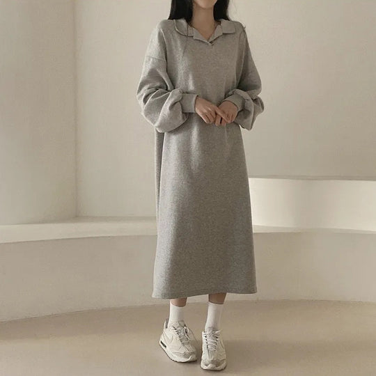 Damen elegantes Hoodie-Kleid mit lässigen Puffärmeln und seitlichem Schlitz