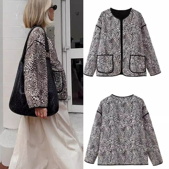 Damen gesteppte Jacke mit modernem Leopardenmuster und praktischen Taschen R&B
