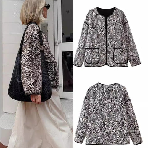 Damen gesteppte Jacke mit modernem Leopardenmuster und praktischen Taschen R&B