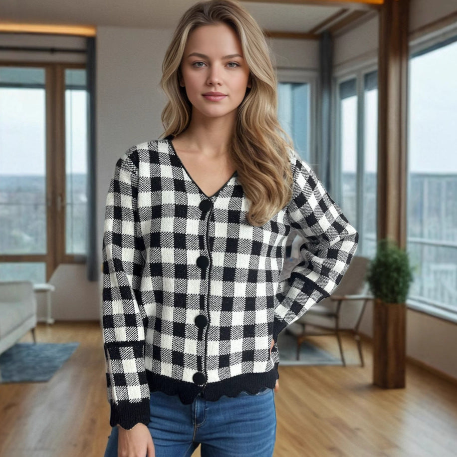 Damen lässige Strickjacke mit kräftigem Karomuster und modischen Knopfdetails R&B