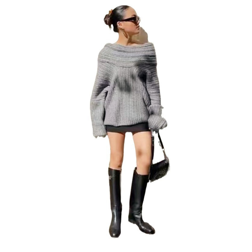 Damen Kuscheliger Strickpullover mit angesagtem Off-Shoulder-Ausschnitt R&B