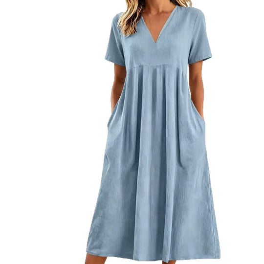 Damen nan legeres V-Ausschnitt-Midikleid mit Eingrifftaschen und geraffter Empirenaht R&B