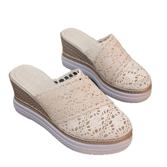 Damen nan gehäkelte Plateau-Slipper mit Jute-Details und Memory-Fußbett R&B