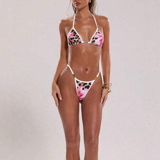 Damen Triangel-Bikini mit fröhlichem Blumendruck und tierischem Muster R&B