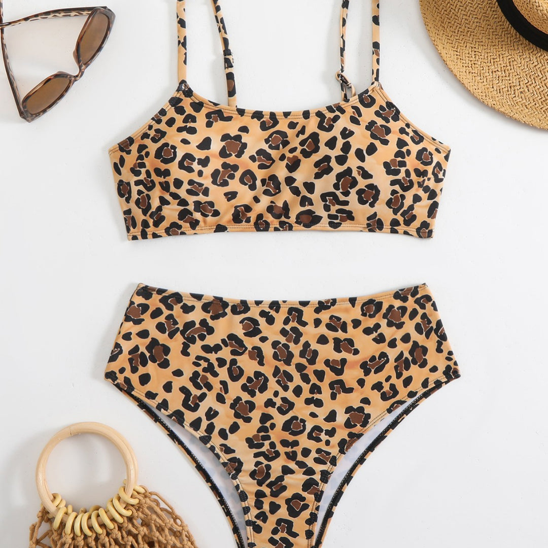 Damen Bikini-Set mit trendigem Leopardenmuster und hohem Taillenbund R&B