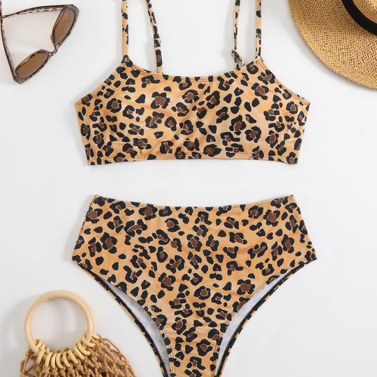 Damen Bikini-Set mit trendigem Leopardenmuster und hohem Taillenbund R&B