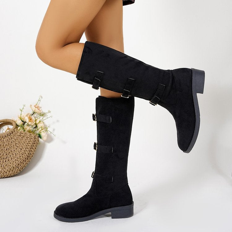 Damen Overkneestiefel mit modischen Schnallen und robustem Profilsohle R&B