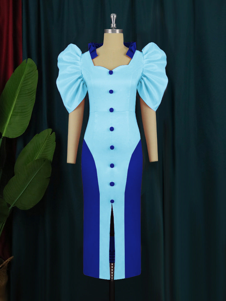 Damen Elegantes Maxikleid mit voluminösen Puffärmeln und Knopfdetails R&B