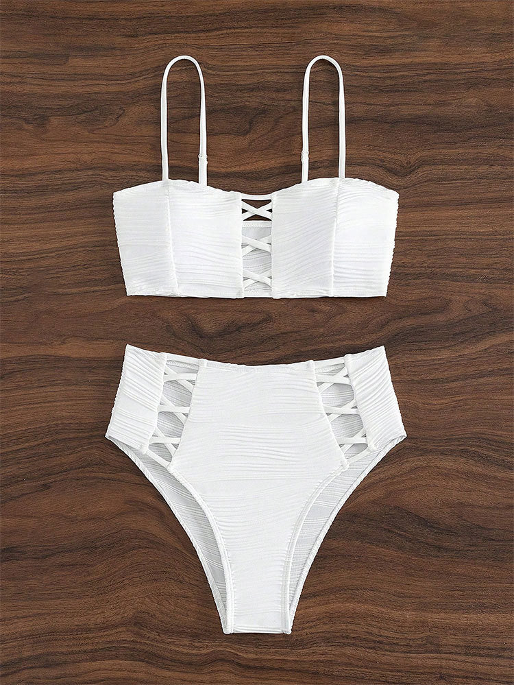 Damen Bikini-Set mit strukturierter Oberfläche und dekorativen Einsätzen R&B