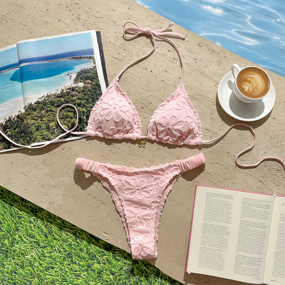 Damen Triangel-Bikini-Set mit floralem Stickdesign und verstellbaren Trägern R&B