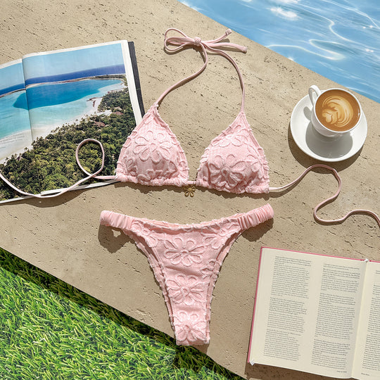 Damen Triangel-Bikini-Set mit floralem Stickdesign und verstellbaren Trägern R&B