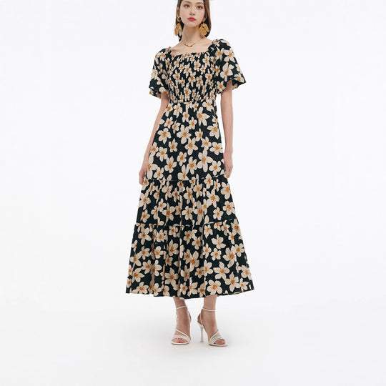 Damen Maxikleid mit voluminösem Rock und Blumenmuster R&B