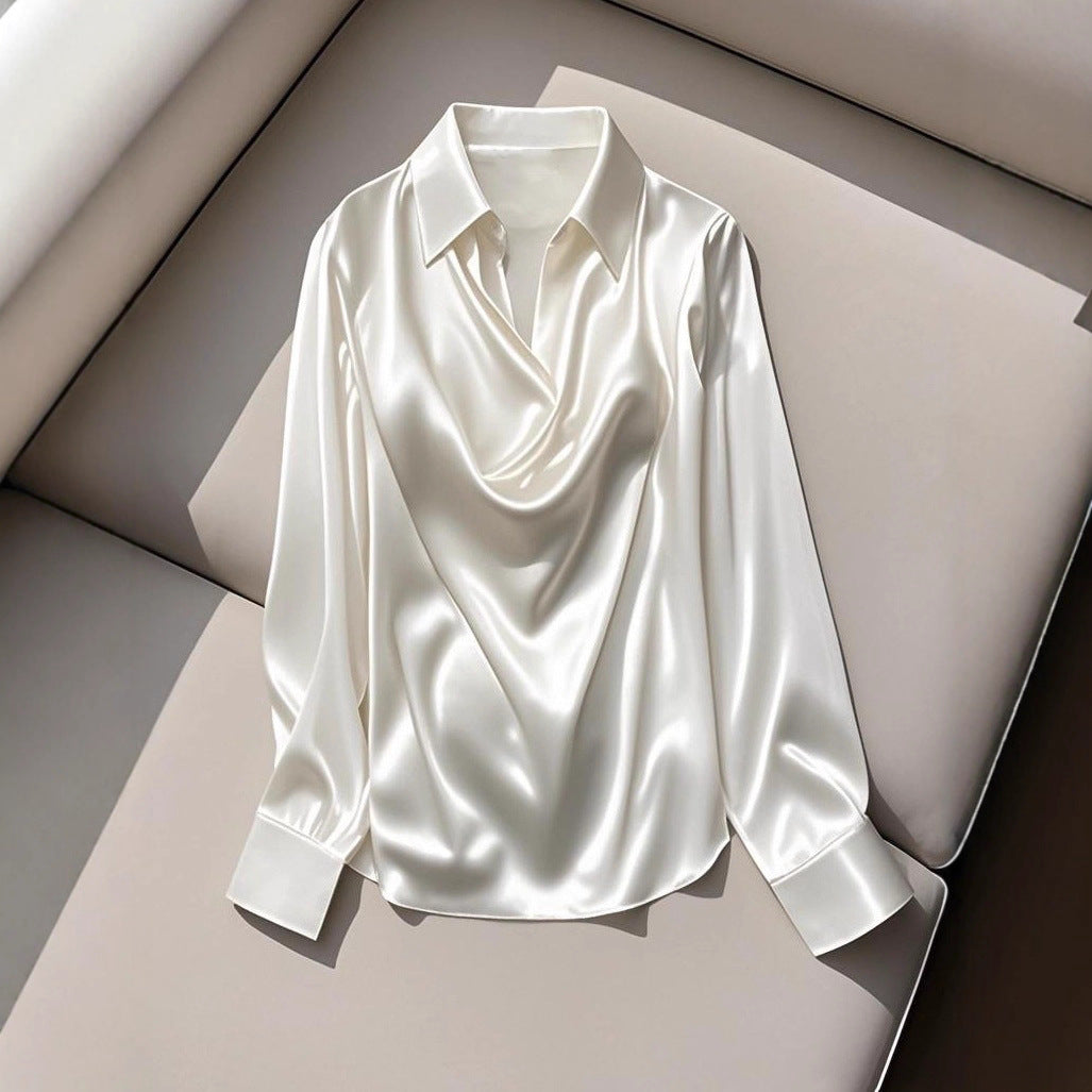 Damen Seidene Bluse mit schickem Wasserfall-Ausschnitt und lange Ärmel R&B