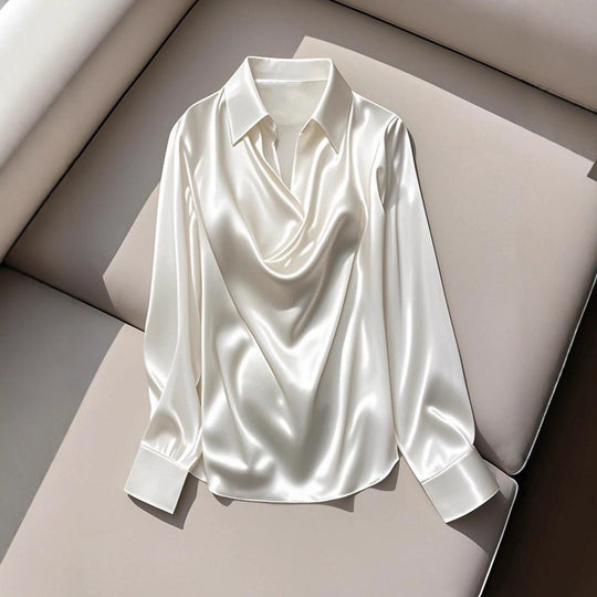 Damen Seidene Bluse mit schickem Wasserfall-Ausschnitt und lange Ärmel R&B