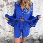Damen legeres Baumwoll-Shorts-Set mit oversized Hemd und elastischem Bund
