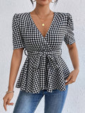 Damen Wickelbluse mit ausgefallenem Karomuster und tailliertem Design R&B