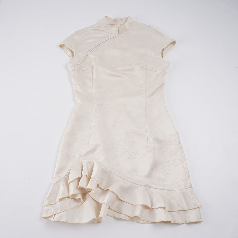 Damen elegantes Wickelkleid mit romantischem Rüschensaum und hohem Kragen R&B