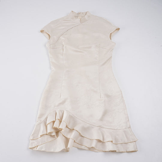 Damen elegantes Wickelkleid mit romantischem Rüschensaum und hohem Kragen R&B