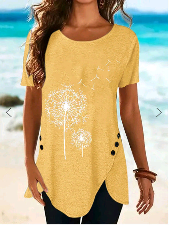Damen Kurzarmshirt mit asymmetrischem Saum und Dandelion-Print R&B