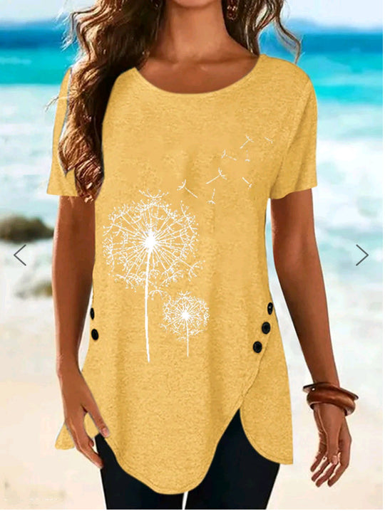 Damen Kurzarmshirt mit asymmetrischem Saum und Dandelion-Print R&B