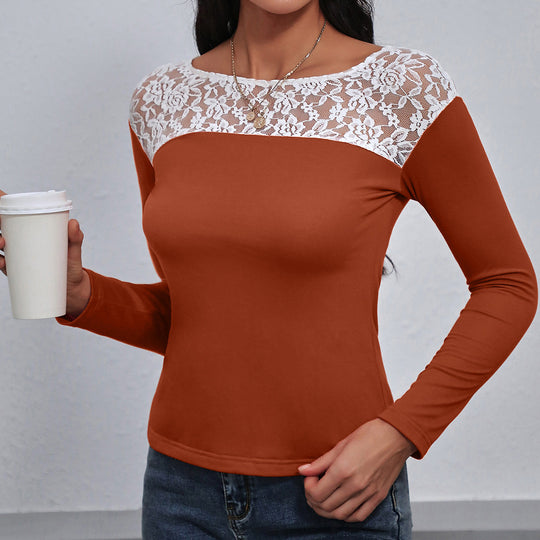 Damen elegantes Langarmshirt mit floralen Spitzendetails R&B